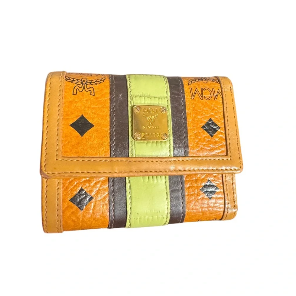 Authentic MCM Visetos Stripe Trifold Wallet | Cognac/Lime Green/Gold | like New